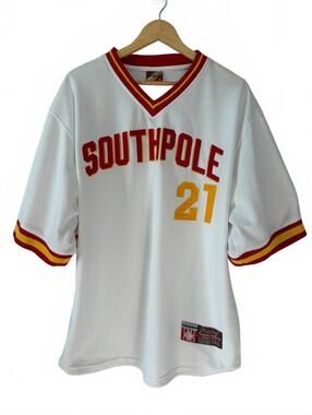 Southpole Baseball Jersey Shirt Men's Size L White V-Neck Red Yellow Trim